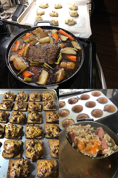 elk roast and drop biscuits, rye bread pizzas, and gumbo with cornbread muffins